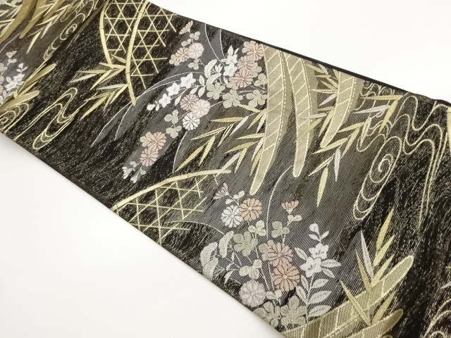 JAPANESE KIMONO / RO: AUTUMN GRASSES / BOAT / FLOWING WATER PATTERN / 
